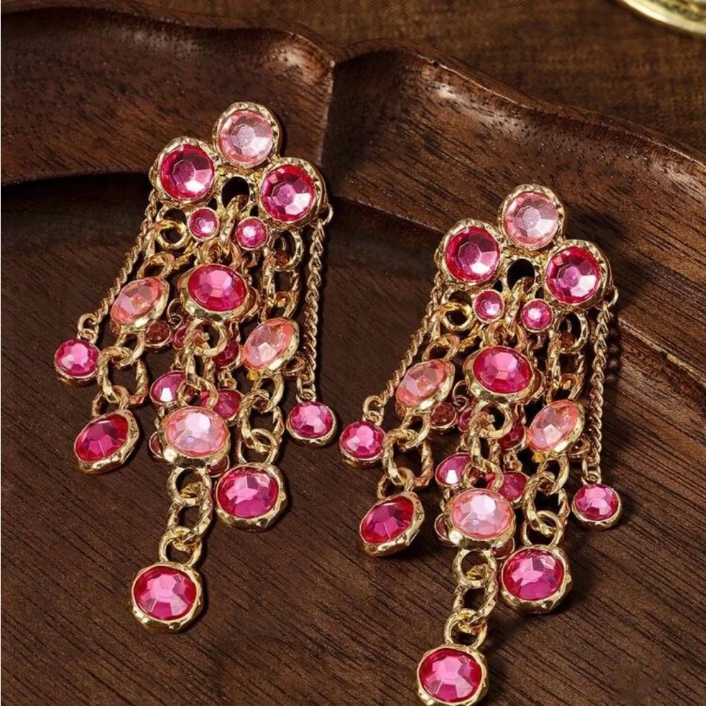Elegant Gold and Pink Chandelier Earrings